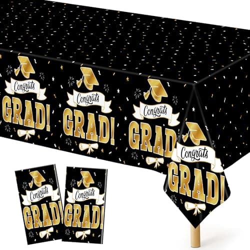 2Pack Graduation Decorations 2026, 108" X 54" Graduation Tablecloth, Blackgold Rectangle Class of 2026 Table Cloths, Disposable Plastic Congrats Grad Tablecover for Grad Party Favors Supplies