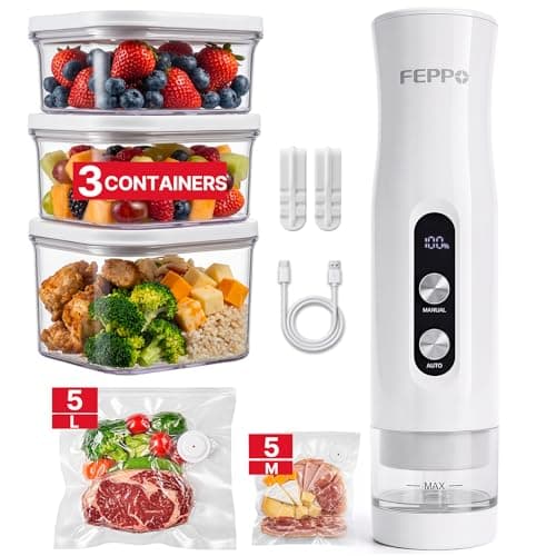 FEPPO Compact Vacuum Sealer for Food (Vacuum Sealer Machine + 3 Containers + 10 Reusable Bags), Anti-Overflow Powerful Portable Handheld Food Sealer, Auto & Manual Modes, Travel Lock, Easy-Clean — image 1