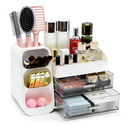 Makeup Organizer Countertop, Spacious Cosmetic Display Case with Makeup Brush Holder, Perfect Vanity Bathroom Organizer and Storage, White — image 1