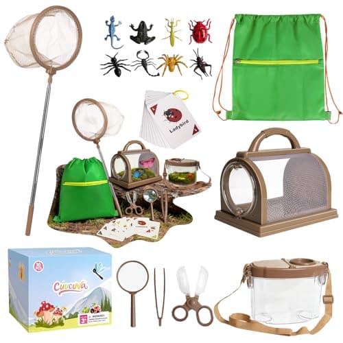 CUUCUVA Bug Catcher Kit for Kids Outdoor Explorer Kit with Insect Cage, Observation Box, Magnifying Glass, 8 Toy Bugs, Net & 10 Cards, STEM Educational Toys Gifting for Boys & Girls Ages 3+