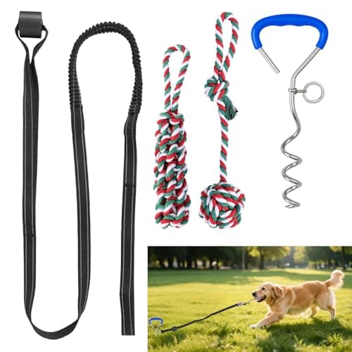 HOPET Bungee Tether Tug Outdoor Dog Toy with Stake,Tug of War Dog Toy for Aggressive Chewers to Keep Them Busy,Outdoor Interactive Dog Rope Toy for Medium/Small Dogs,Can Used On Lawns,Trees and Doors