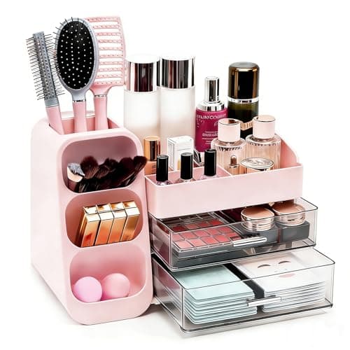 Makeup Organizer Countertop, Spacious Cosmetic Display Case with Makeup Brush Holder, Perfect Vanity Bathroom Organizer and Storage, Pink — image 1