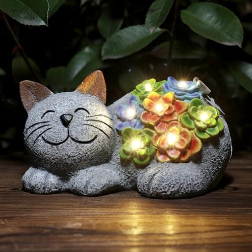 Otdair Solar Cat Decor, Birthday Gifts for Women with Succulent and 7 LED Lights, Christmas Gifts for Mom, Seniors, House Warming New Home Garden Decor for Cat Lover — image 1