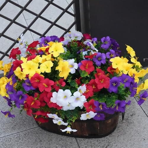 Vemander Artificial Flowers for Outdoors Fake Plants Outside Decoration, 12 Bundles Silk Petunia with Eucalyptus UV Resistant Realistic Faux Flowers for Outdoor Planters Garden Balcony (4 Color)