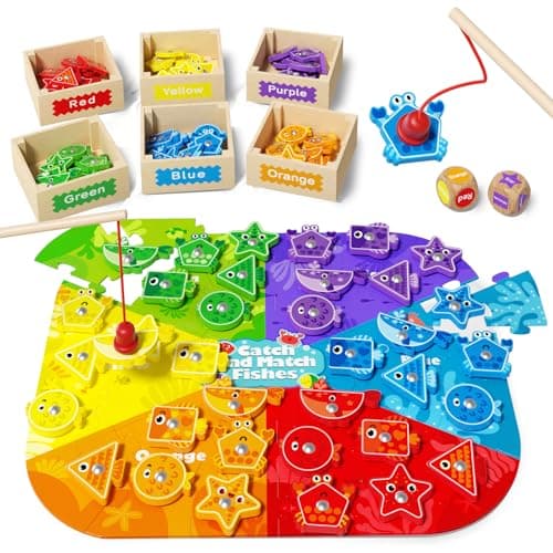 edutree Montessori Toys for Toddlers 1-3, Magnetic Fishing Game for Kids 2-4, Color & Shape Sorter Educational Learning Toys with Wooden Box & Puzzle for Boys Girls 3-5