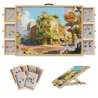 Opprut 1500-Piece Rotating Puzzle Board with Drawers and Cover, Puzzle Tables for Adults, Portable Jigsaw Wood Table with 6 Storage Drawers, Non Slip Felt and Handle, Ideal Gift(35.1"x26")