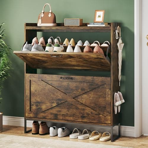 HUAHUU Shoe Cabinet with 2 Flip Drawers & Adjustable Shelves, Freestanding Entryway Shoe Storage Organizer with Metal Legs, Modern Narrow Shoe Rack Cabinet for Hallway, Foyer, Rustic Brown