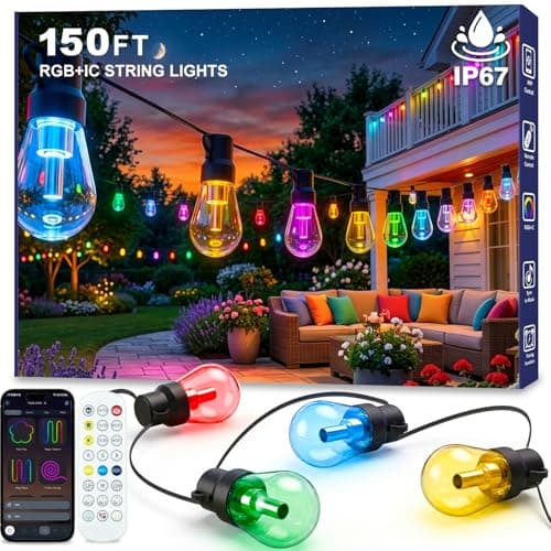 Beizelte Outdoor String Lights, 150FT RGB+IC Outside Light Dimmable Shatterproof LED Bulbs, IP67 Waterproof Chasing Effect Lighting DreamColor Patio Strip Lights for Backyard, Balcony, Outdoor Living — image 1