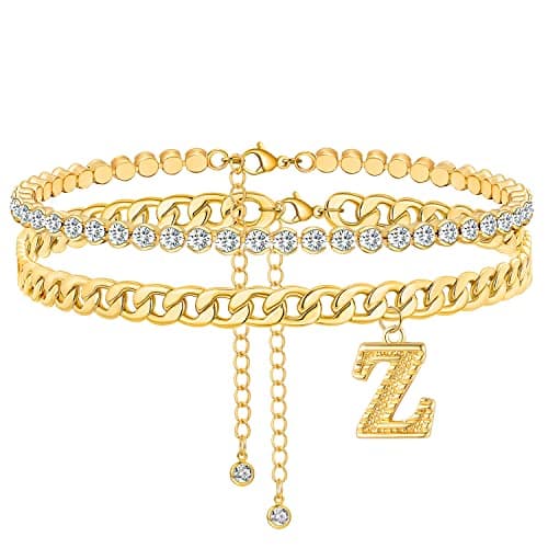 ZNBOH Ankle Bracelets for Women 14K Gold Plated Initial Anklet CZ Chain Ankle Tennis Cuban Link Anklet Adjustable Danity Chain Letter Anklet Summer Jewelry Gifts — image 1