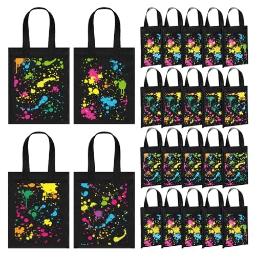Hosuly 24 Pieces Neon Party Favor Bags Glow Gift Bags Glow in the Dark Candy Pouches Non Woven Graffiti Party Goodie Pouches with Handle for Boy Girl Neon Theme Birthday Supplies Decoration — image 1