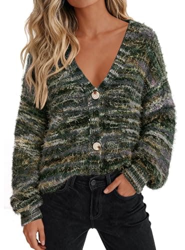 PRETTYGARDEN Womens Cardigan Sweaters Fall Fashion 2026 Striped Long Sleeve Button V Neck Knit Fuzzy Outerwear Winter Clothes — image 1