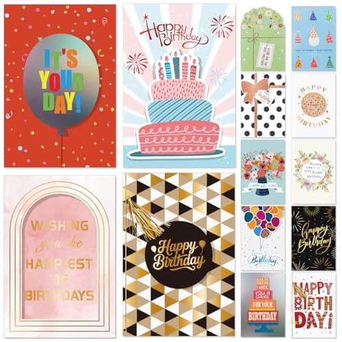 14 Pack 3D Handmade Birthday Cards Bulk with Envelopes, Unique Greeting Cards for Women & Men, 4.7×6.8 Inch, Gold Foil, Glitter, Happy Birthday Cards with Printed Messages – For Friends, Family, Coworkers