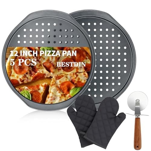 Bestdin 5Pcs Pizza Pan Set - 12 inch Pizza Pan with Holes, Non-stick, Pizza Oven Accessories with 2 Carbon Steel Round Pans, Pizza Cutter and 2 Gloves, Dishwasher Safe — image 1