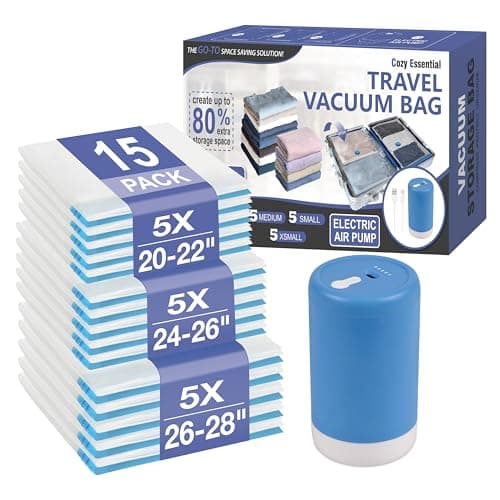 Cozy Essential Travel Vacuum Storage Bags with Rechargeable Cordless USB Pump, Space Saver Bags for Luggage, Suitcase, Carry-On, for Clothes, Blankets, Bedding & Seasonal Storage,15 Combo β image 1