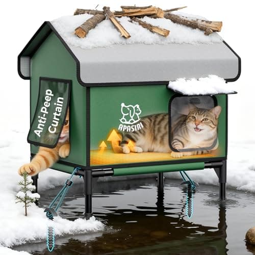 Apasiri Heated Cat House Weatherproof - Insulated Outdoor Cat Shelter with Thermostatic Heating Pad, Water Resistant 900D Oxford Feral Cat House with Anti-Peep Curtains Escape Door for Winter, Medium
