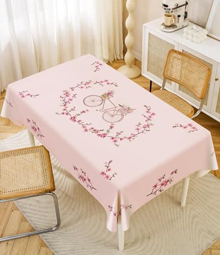 LPMingjia Cherry Blossom Tablecloth Waterproof PVC Heavy Duty Table Cover, Pink Sakura Floral Watercolor Design Rectangle Table Cloth for Spring Picnic Kitchen Party Decor(55inch*86inch