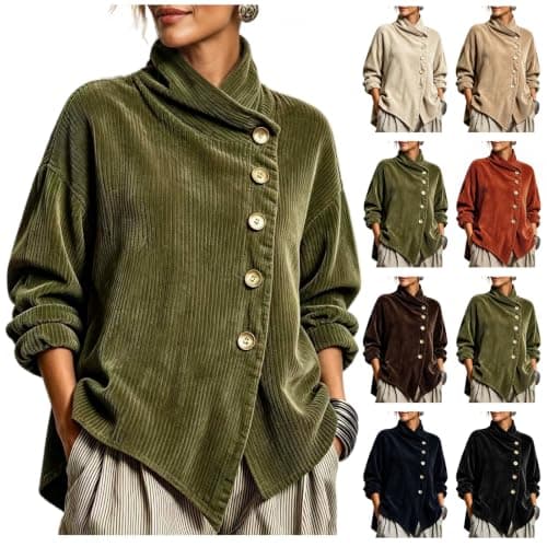 Women's Corduroy Jacket Asymmetrical Button Down Shirts Long Sleeve Coat — image 1