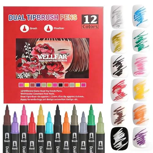 Dual Tip Markers for Adult Coloring Books No Bleeding – Gel Acrylic Paint (Fine & Brush) Pen for Drawing, Rock Painting, Journaling, Non Bleed Art Marker Pencil Set for Kids/Teens Washable. 12 Colors — image 1