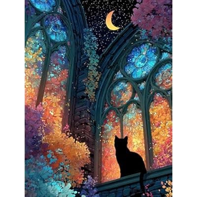 Teemosreal Puzzles for Adults 1000 Pieces, Stained Glass Cat Fantasy Night Moon Scene, Challenging Puzzle Game with Poster, Matte Finish, Interlock Perfectly Frameable Wall Decor Gift