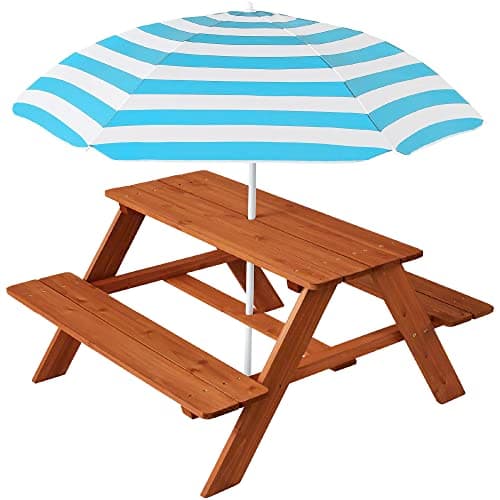 Best Choice Products Wooden Kids Picnic Table with Umbrella, Outdoor Activity Table Set with Built-in Benches, 220 lb Capacity per Bench - Golden Brown/Aqua — image 1