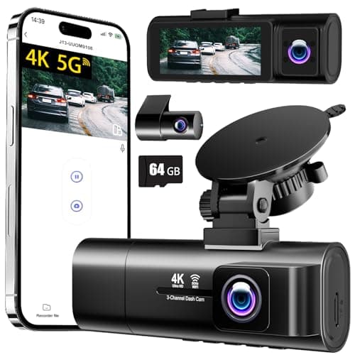 4K Dash Cam Front and Rear Inside,3.16" IPS,3 Channel Dash Cam for Car with 5G WiFi,Free 64GB Card,170° Wide Angle,Loop Recording,G-Sensor,WDR,Night Vision,Time-Lapse,24H Parking Monitor — image 1