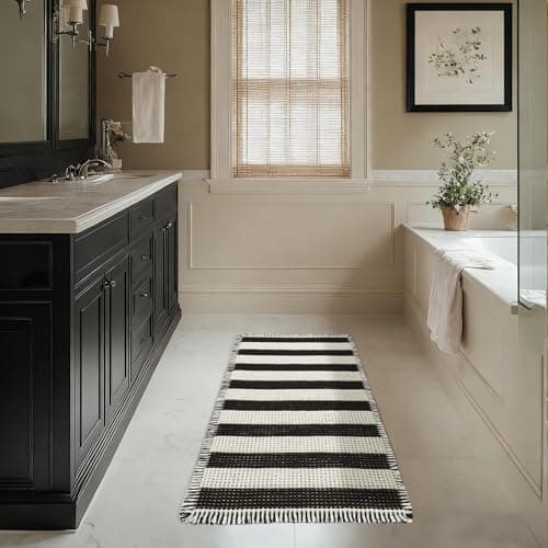 MatEssenz 2x4ft Waffle Bath Mat, Water Absorbing Bath Mat Nonslip Fast Drying Soft Foot Feeling Long Bathroom Rug for Bathroom, Machine Washable Runner Rug withTassels, Black and White Stripes — image 1