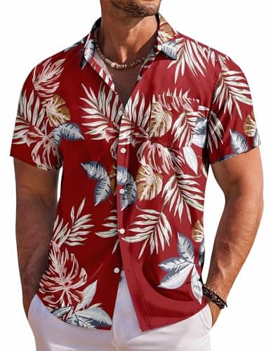 COOFANDY Mens Hawaiian Shirt Short Sleeve Button Down Shirt Summer Beach Shirt, Red - Tropical Leaf, X-Large