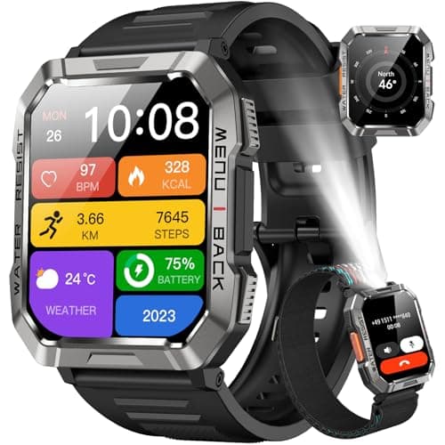 Military Smart Watch for Men(Answer/Make Call), Outdoor Sports Smartwatch with Flashlight/100 Days Battery/Compass/Heart Rate/SpO2/Sleep Monitor/2 Straps, Fitness Tracker for iPhone/Android Phones — image 1