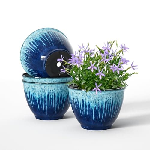 Flower Pots, 8 Inch Plastic Plant Pots for Plants, Set of 4 Planter for Indoor Outdoor Plants with Drainage Hole, Sleek Small Nursery Planting Pot for Home Garden Outdoor Planters(Blue Glaze)