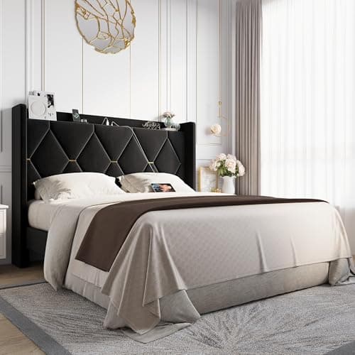 Allewie Velvet Full Size Upholstered Bed Frame with Wingback Storage Headboard & Charging Station, Platform Bed with Diamond Tufted Design & Gold Trim, No Box Spring Needed, Easy Assembly, Black — image 1