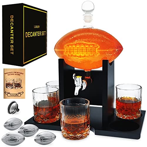 Football Whiskey Decanter Set,47oz Whiskey Decanter Sets for Men with Spout, 4 Football Chiller&4 Glasses,Tequila Alcohol Whiskey Set Birthday Boutbon Gifts for Men Dad Him Boyfriend Brother Husband — image 1