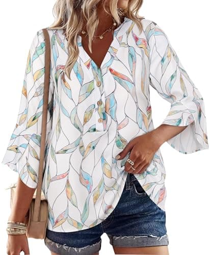 LOOKBOHO Womens Boho Tops Ruffle 3/4 Sleeve Button V-Neck Dressy Casual 2026 Fall Bell Sleeve Floral Business Blouses — image 1