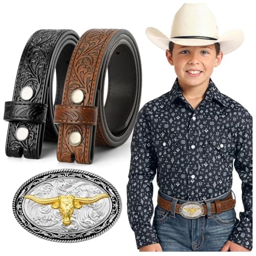 JKEEMI Kids Cowboy Cowgirl Belt, Western Genuine Embossed Leather Belt Bull Horse Eagle Buckle for Gift Daily Costumes — image 1