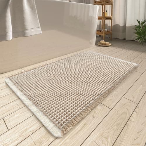 AMOAMI Upgraded Waffle Bath Mat, Super Absorbent Non Slip Bath Mats for Bathroom Floor, Machine Washable Bathroom Rugs with Tassels, Rubber Backed Bathroom Mats, Ultra Soft, 17" x 24",Brown & Cream — image 1
