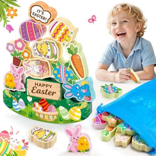 IPOURUP Easter Basket Stuffers Gifts for Kids Toddler Easter Toys 11 Pcs Wooden Stacking Blocks Toy for 3 4 5 6 7 8 9 10 Year Old Boys Girls Kid Balance Competition Games for Ages 5-7 Toddlers Gift