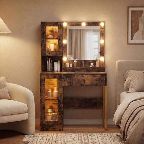 Garvee Vanity Desk with Mirror & Lights – Adjustable RGB & White Lighting – 2 Acrylic-Door Cabinets, 2 Open Shelves, Drawers, Built-in Power Outlet & USB Ports – Makeup Vanity Table for Bedroom — image 1