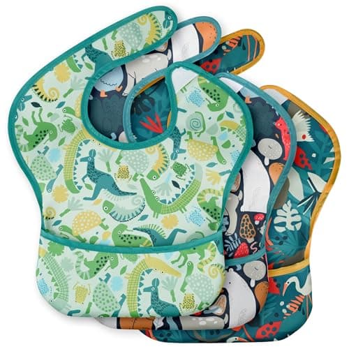CIVARUA KIDS 3-Pack Waterproof Baby Bibs for Eating - Mess Proof Lightweight Toddler Feeding Bibs with Large Food Catcher, Food-Grade Baby Eating Essentials, Easy to Put On & Clean(Green Animals) — image 1