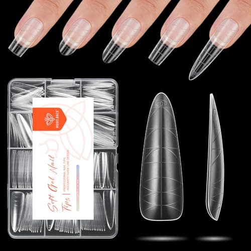 modelones Long Almond Guiding Line Nail Tips, Stiletto Soft Gel Tips Fake Nails False Acrylic Extensions Seamless Accurate Positioning Scale Line, Full Matte Professional Nail Salon 216PCS 12Sizes — image 1
