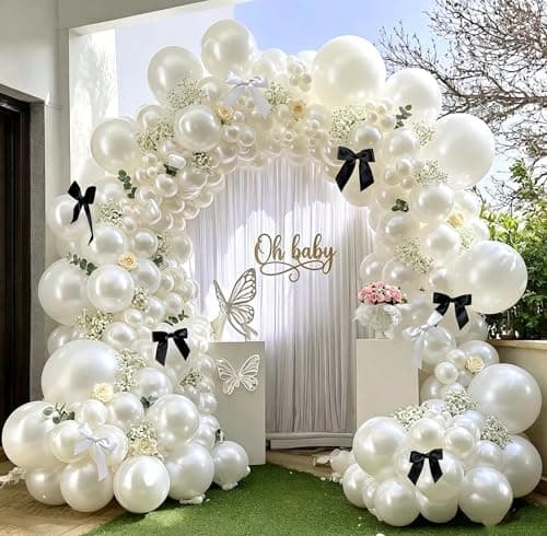 Pearl White Balloon Arch Kit,Double Stuffed White Pearl Balloon Garland Different Sizes 5/12/18 Inch with Black and White Bow for Baby Shower Baptism Wedding Birthday Engagement Party Decoration — image 1