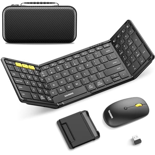 Foldable Keyboard and Mouse, Samsers Folding Bluetooth Keyboard Combo, 2.4G + BT5.0 x 2, Full-Size Portable Travel Keyboard & USB-C Rechargeable Wireless Mouse for iOS Android Windows Mac OS