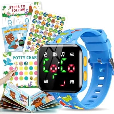 Etuwoe Potty Training Watch & Chart & Book for Toddler Boys: Water Resistant Potty Watches Dinosaur Potty Training Sticker Reward Chart for Kids 3 in 1 Toddler Toilet Training Tools Set (Blue)