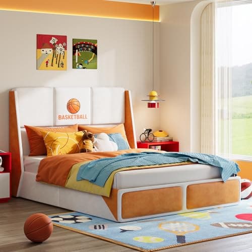 FFBCFDK Sports Series Soft Bed Frame, Velvet Queen Size Bed Frame, Queen Bed Adults Bed with High Headboard and Sturdy Platform Bed, Upholstered Soft Bedframe, No Box Spring Needed, White+Orange