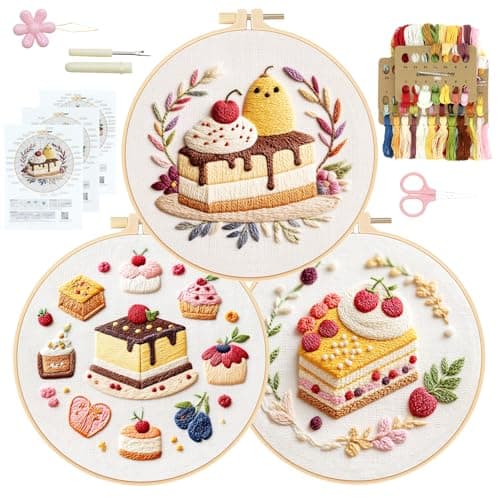 RidaaFri Embroidery Kit for Beginners, 3PC Starter Set with Pre-Printed Cake & Fruit Patterns, Includes Hoop, Needles, Floss, Step-by-Step Guide, DIY Hand Embroidery Craft for Adults — image 1