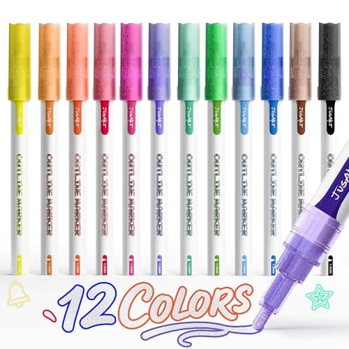 JusArt Outline Sparkle Markers, 12 Metallic Shimmer Pens for Adult Coloring, Cool Fun Drawing Supplies for valentines day, Easter, Christmas, Halloween — image 1