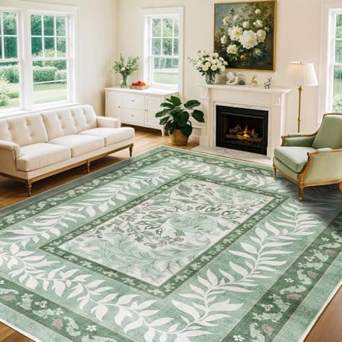 LIANLAM Washable Rug Area Rugs for Living Room - Stain Resistant Non-Slip Backing Boho Rug for Bedroom,Durable & Ultra-Thin Vintage Large Area Rug(9' x 12',Green/Floral) — image 1