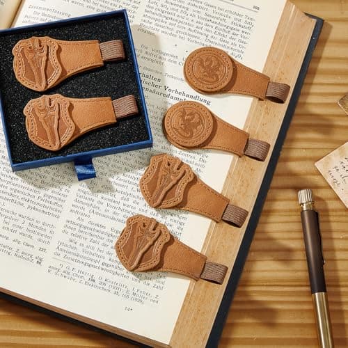 2 Pcs Leather Magnetic Bookmarks for Men,Vintage Sword and Dragon Pattern, PU Leather Bookmark, Gift Box Included — image 1