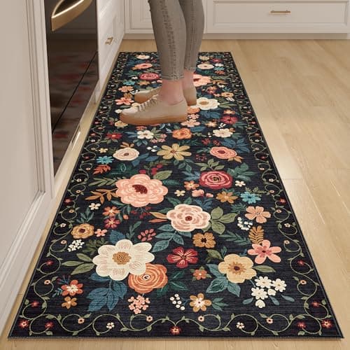 DUKINO 2x6 Runner Rug for Hallway, Washable Kitchen Runner Rug with Non Slip Backing, Low Pile Soft Boho Floral Runner for Kitchen, Hallway, Entryway, Laundry, Bedroom, Black — image 1