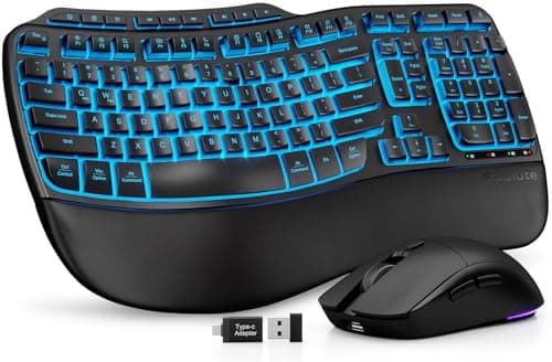Ergonomic Wireless Keyboard and Mouse Combo, Rechargeable 4000mAh Backlit Keyboard with a Soft, Faux Lambskin Palm Rest, Wave Keys for Natural Typing, Compatible with Windows/Mac/Chromes OS—SABLUTE