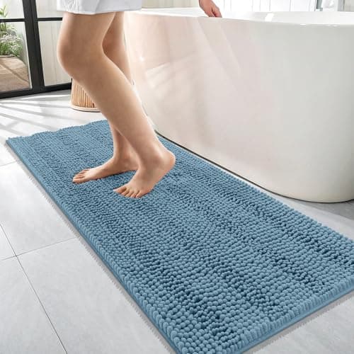 OLANLY Thick Bathroom Runner Rugs 47x17, Extra Absorbent Chenille Striped Bath Rugs, Rubber Backing, Machine Wash Dry, Long Bath Mats for Bathroom, Tub and Shower, Home Decor Accessories, Airy Blue — image 1