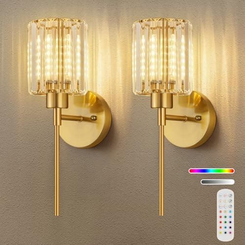 Crystal Battery Operated Wall Sconces, Brushed Gold Rechargeable Wireless Wall Sconce Lights with Dimmable Bulbs and Remote, 12 Colors and 3CCT Dimmable Crystal Lamps for Living Bedroom, 3000~6000K — image 1
